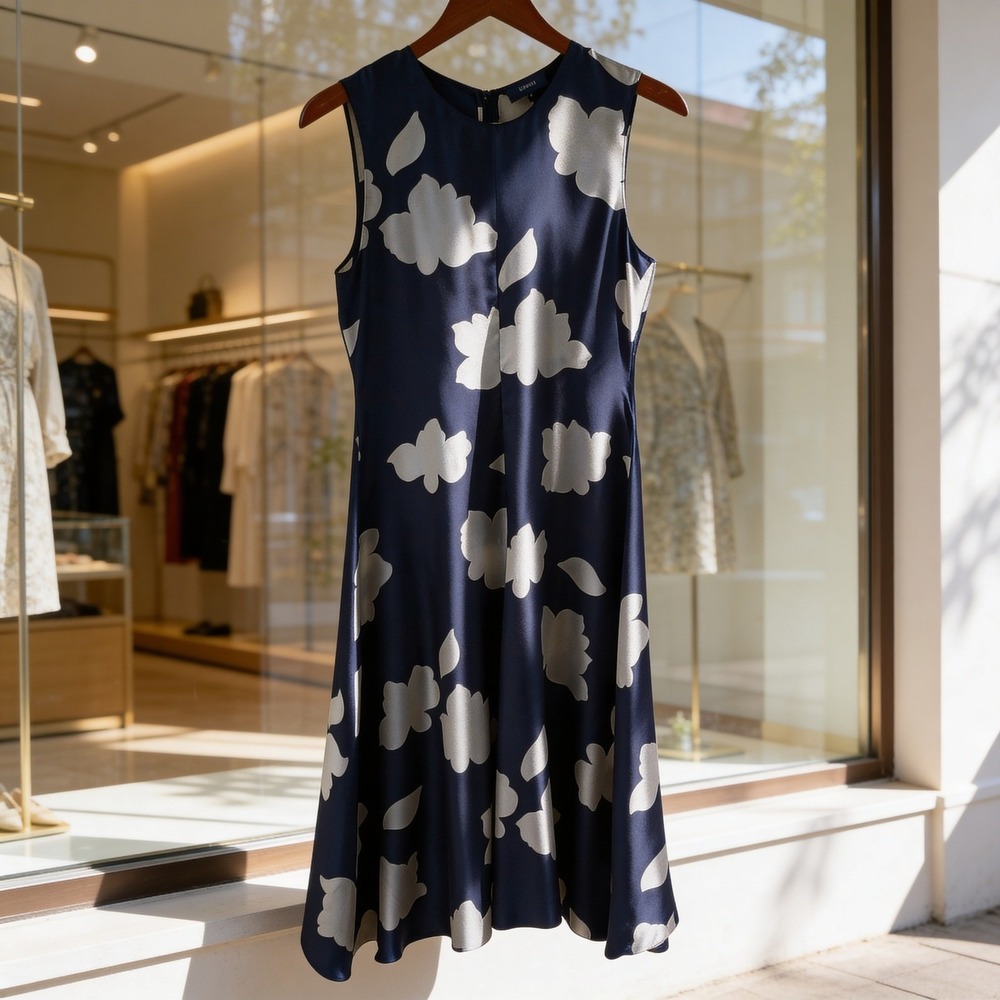 Theory Nophella NS Petal Silk Large Floral Midi‎ Dress Black Cream Size 4
